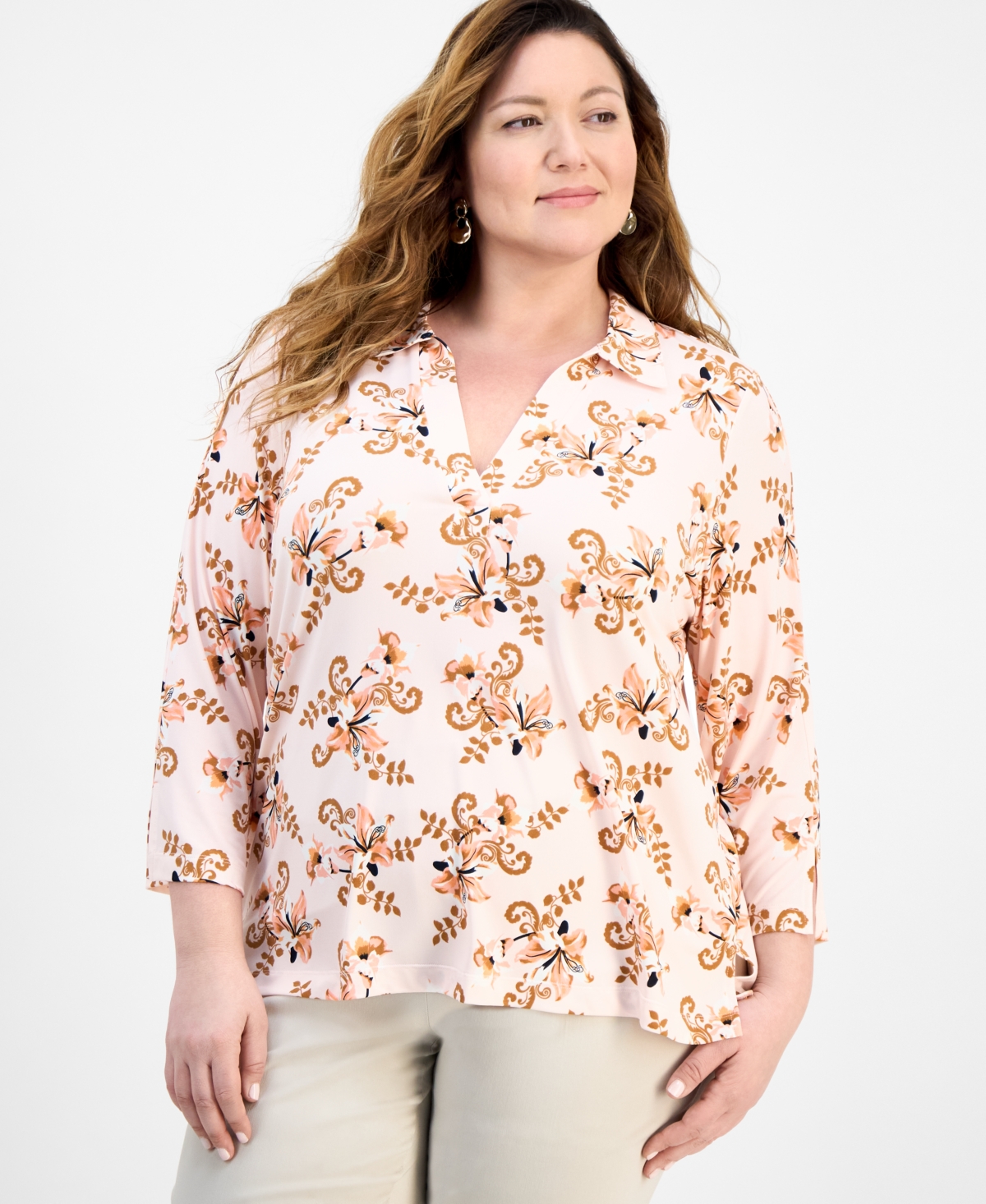 Plus Size Printed 3/4-Sleeve Tunic, Exclusively at Macy's - Pale Pink Combo