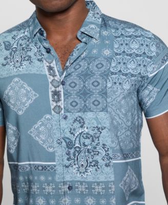 GUESS - Men's Slim Fit Short Sleeve Patchwork Button-Front Shirt
