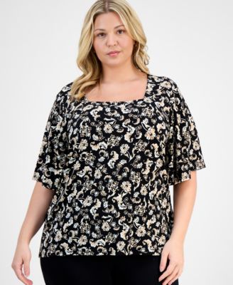 JM Collection - Plus Size Square-Neck Flutter-Sleeve Top