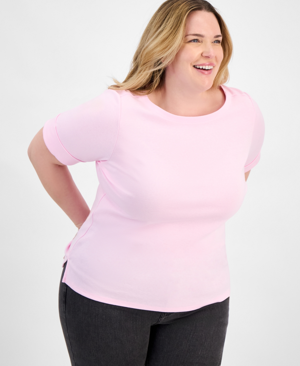 Style & Co Plus Size Boat-neck Elbow Sleeve Cotton Top, Exclusively At Macy's