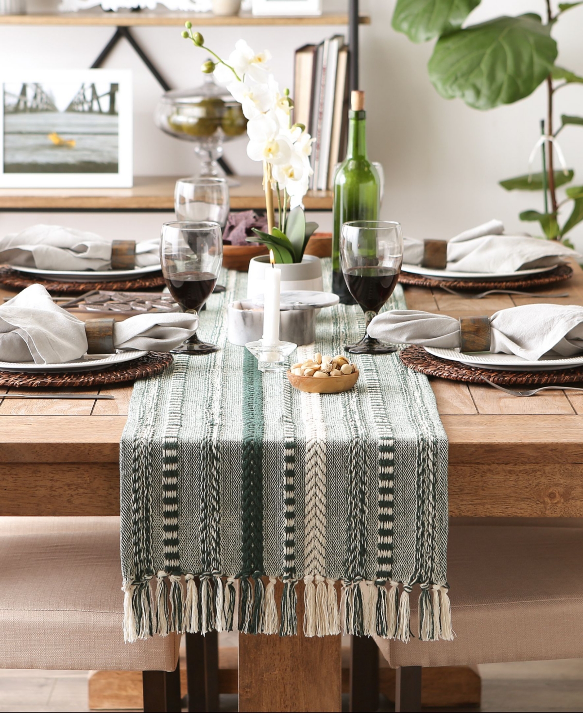 Design Imports Braided Stripe Jacquard Fringe Table Runner, 15" X 108"