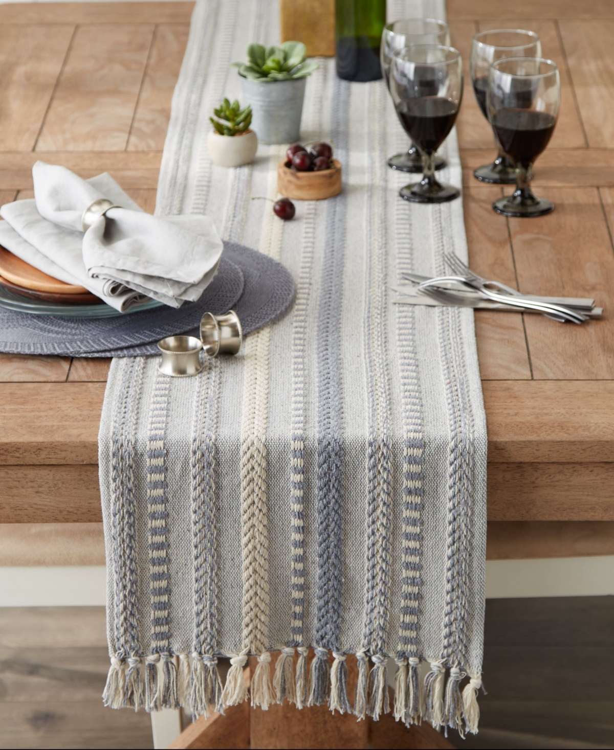 Design Imports Braided Stripe Jacquard Fringe Table Runner, 15" X 108" In Cool Gray