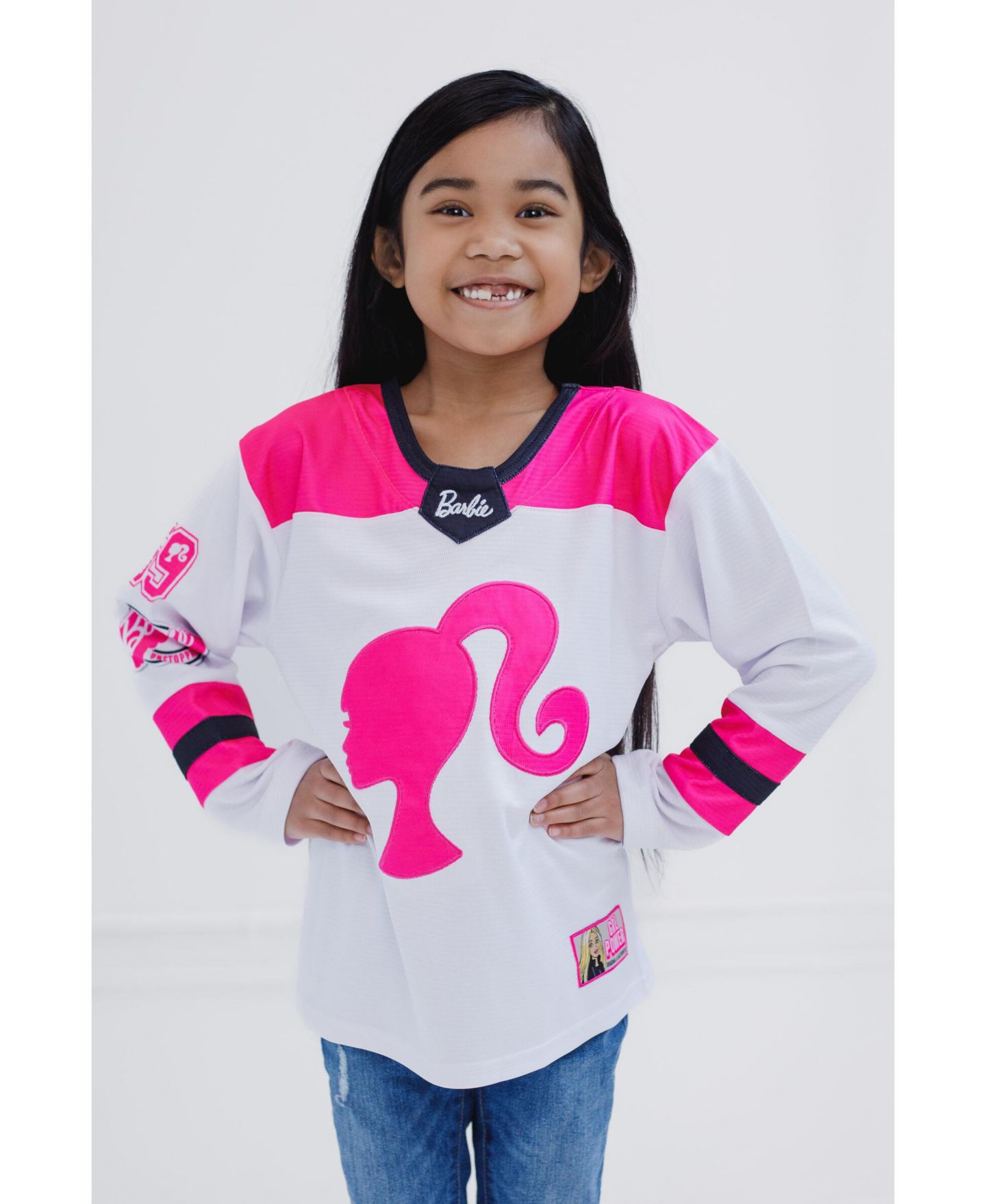 Футболка Barbie Mesh Hockey Jersey Long Sleeve T-Shirt для девочек, цвет: Розовый / Белый — фото 6