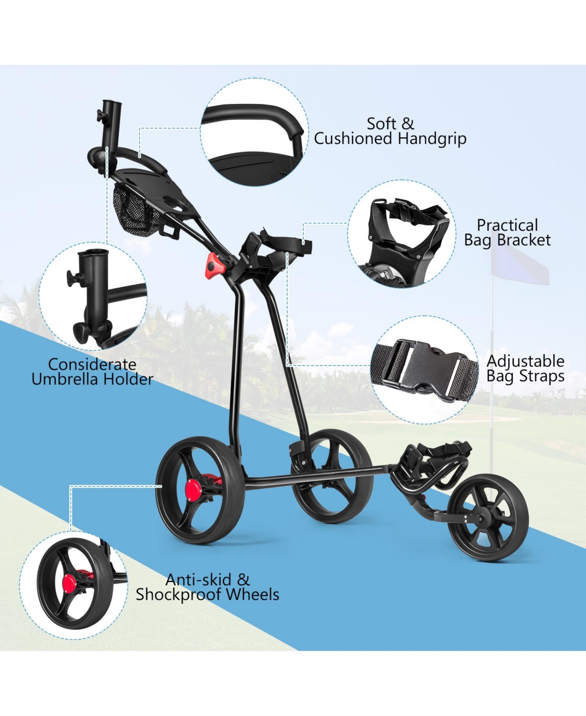 Durable Foldable Steel Golf Cart with Mesh Bag