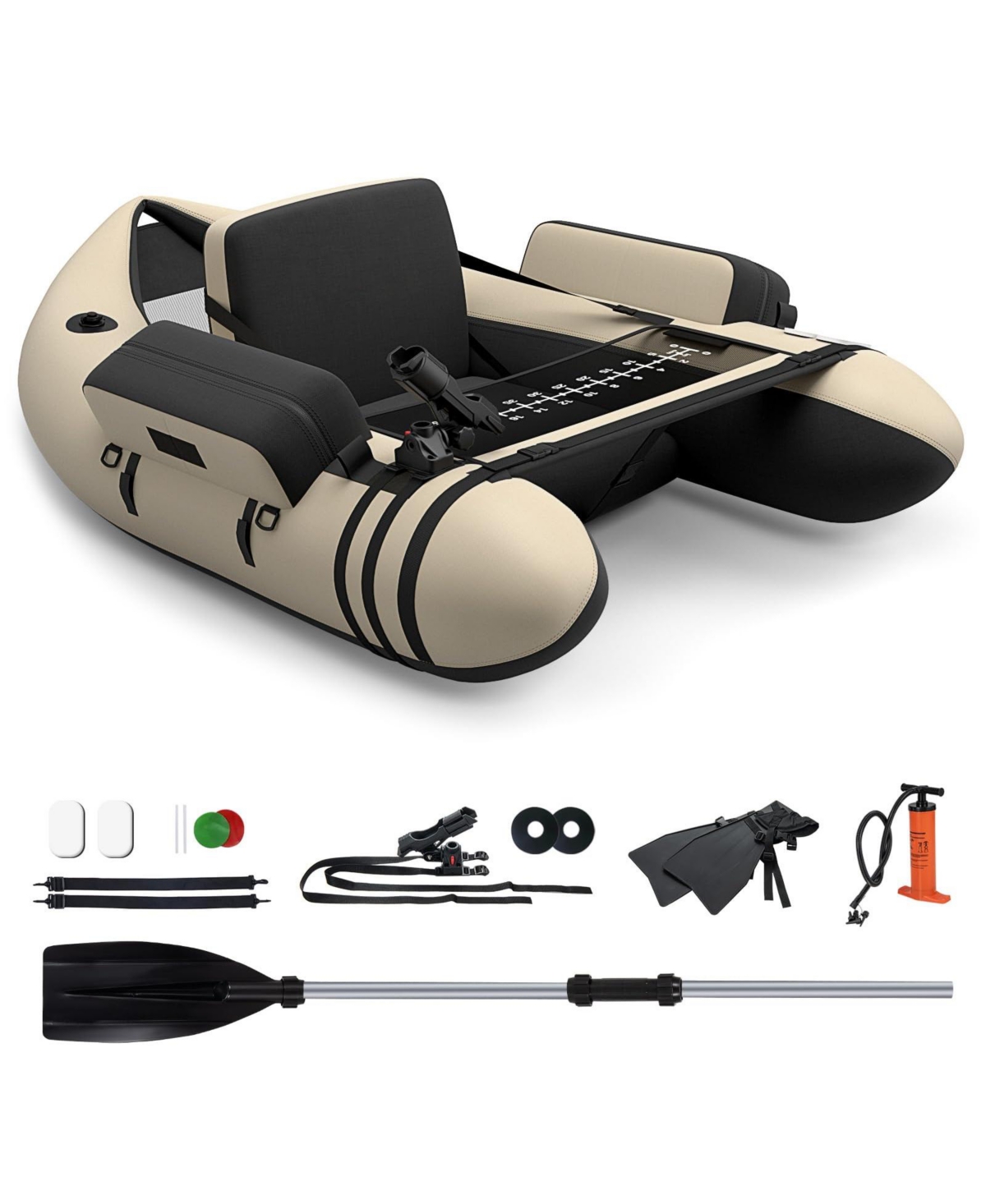 Inflatable Fishing Float Tube with Pump Storage Pockets and Fish Ruler - Beige/khaki