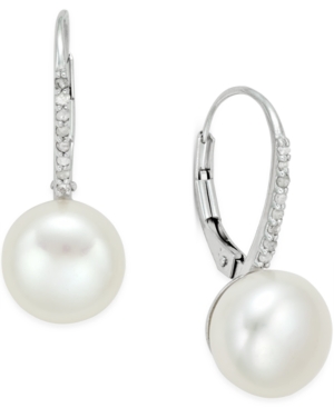 image of Cultured Freshwater Pearl (10mm) and Diamond (1/10 ct. t.w.) Leverback Earrings in Sterling Silver