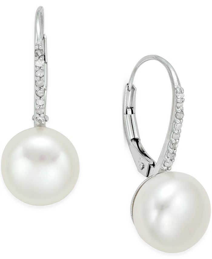 Macy's - Cultured Freshwater Pearl (10mm) and Diamond (1/10 ct. t.w.) Leverback Earrings in Sterling Silver