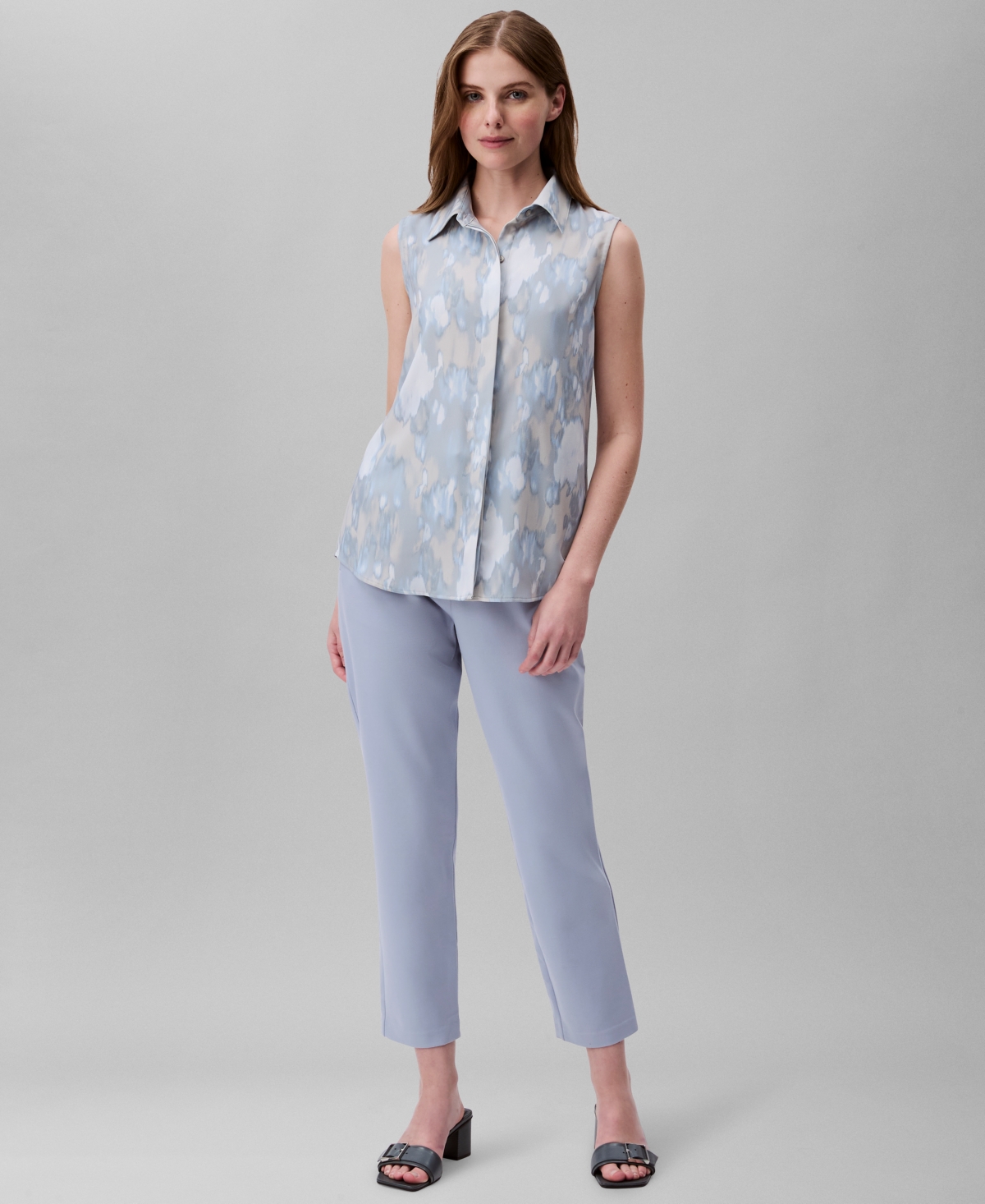 Shop Calvin Klein Women's Sleeveless Printed Button-down Blouse In Tofu
