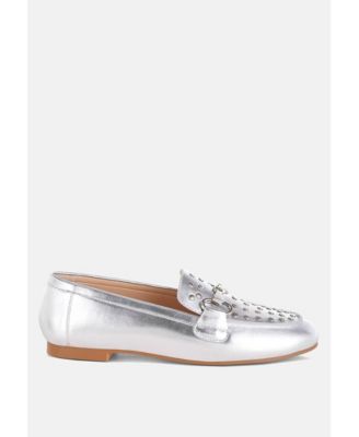 Rag and Co Womens Estafa Horsebit and Studs Metallic Pleather Loafers