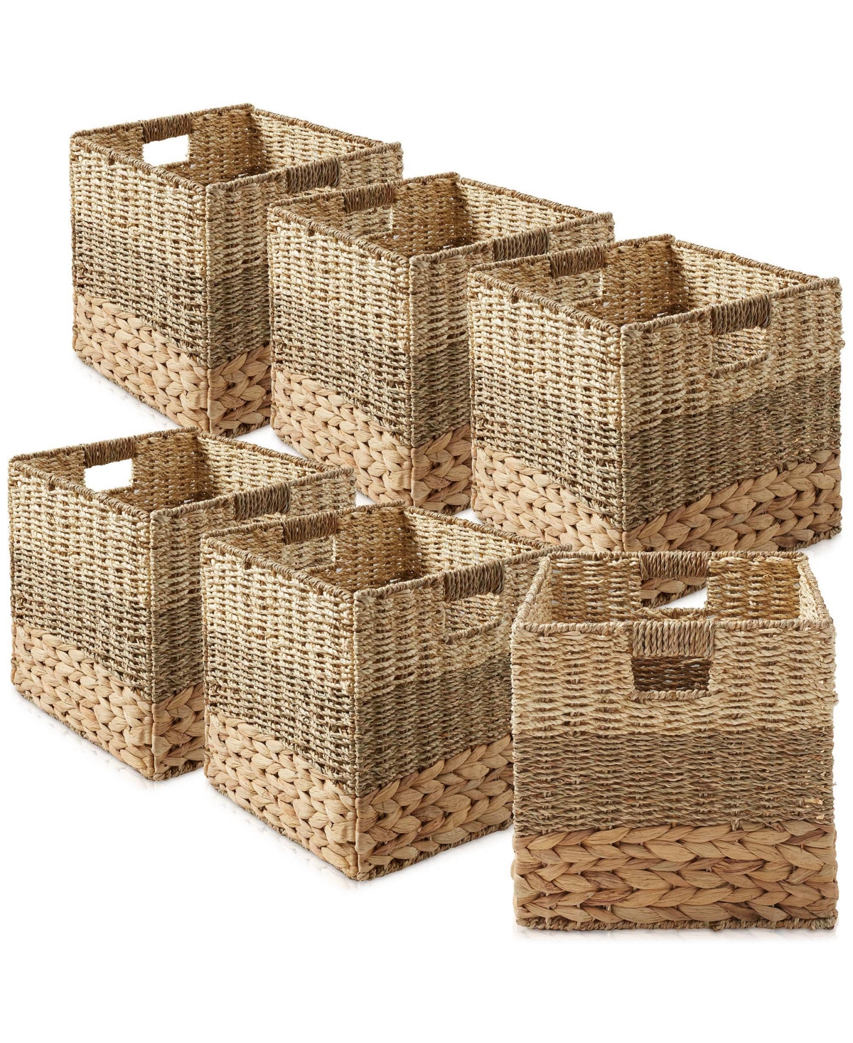 13&#x22; x 13&#x22; Mixed Weave Storage Baskets, Natural - Set of 6 Collapsible Cubes, Woven Bin Organizers for Bathroom, Bedroom, Laundry -