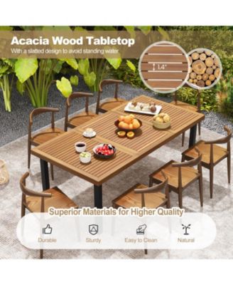 Acacia Wood Dining Table 8-Person Patio Table with Umbrella Hole and Adjustable Foot Pads