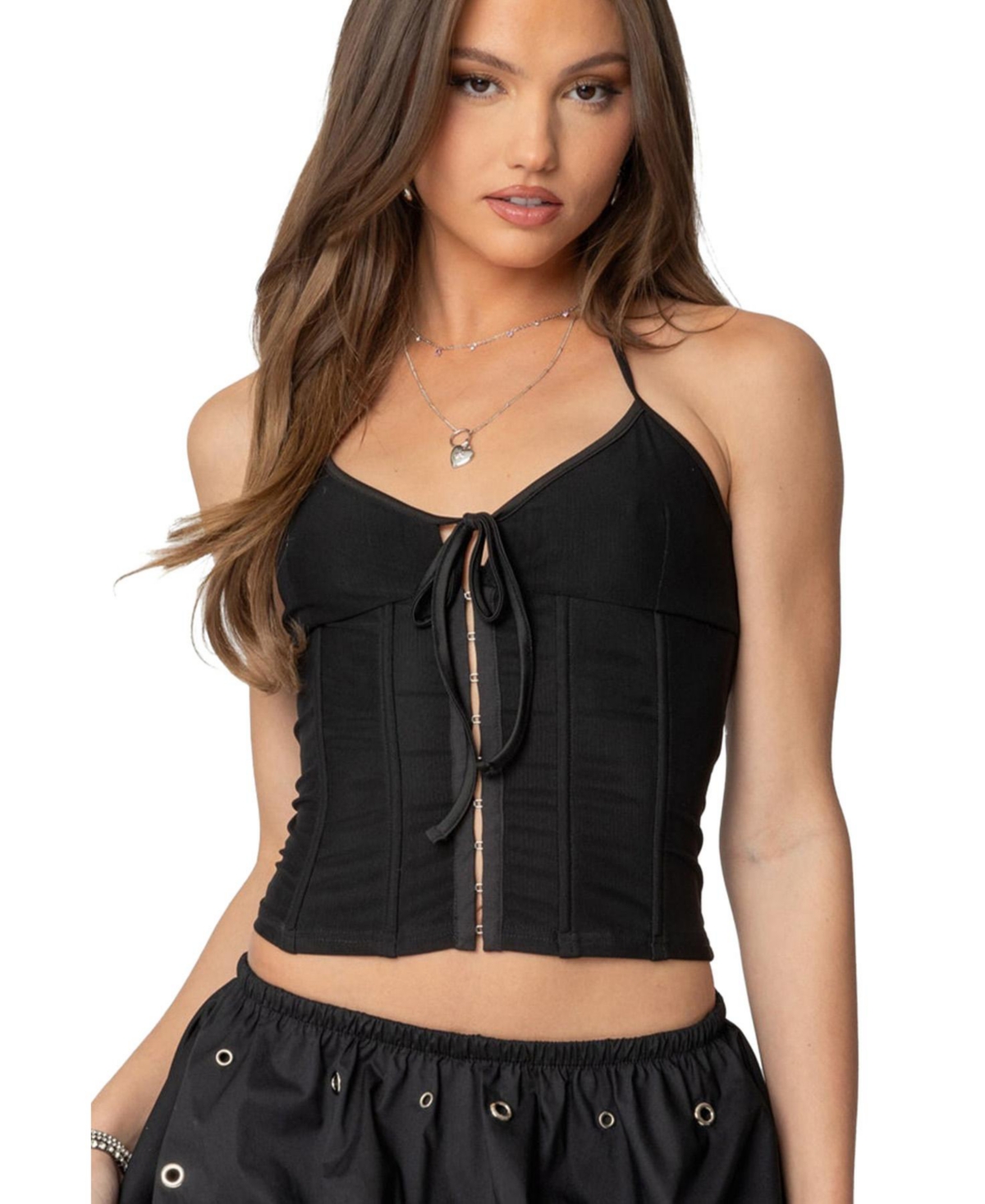 Womens Ryanne Tie Front Halter Corset - Black