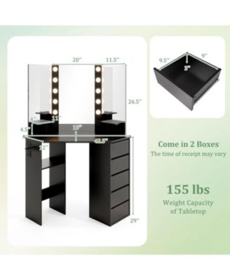 Corner Vanity Desk with 3-Color LED Lighted Mirror & Power Outlet Stylish Makeup Desk for Bedroom