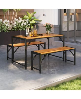 3 Pieces Patio Dining Set with Acacia Wood Dining Table and 2 Benches