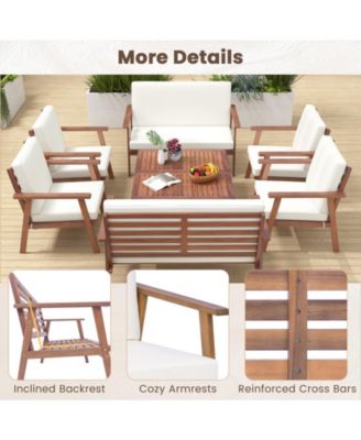 8PCS Conversation Set Acacia Wood Sofa Coffee Table w/ Cushioned Seat Patio
