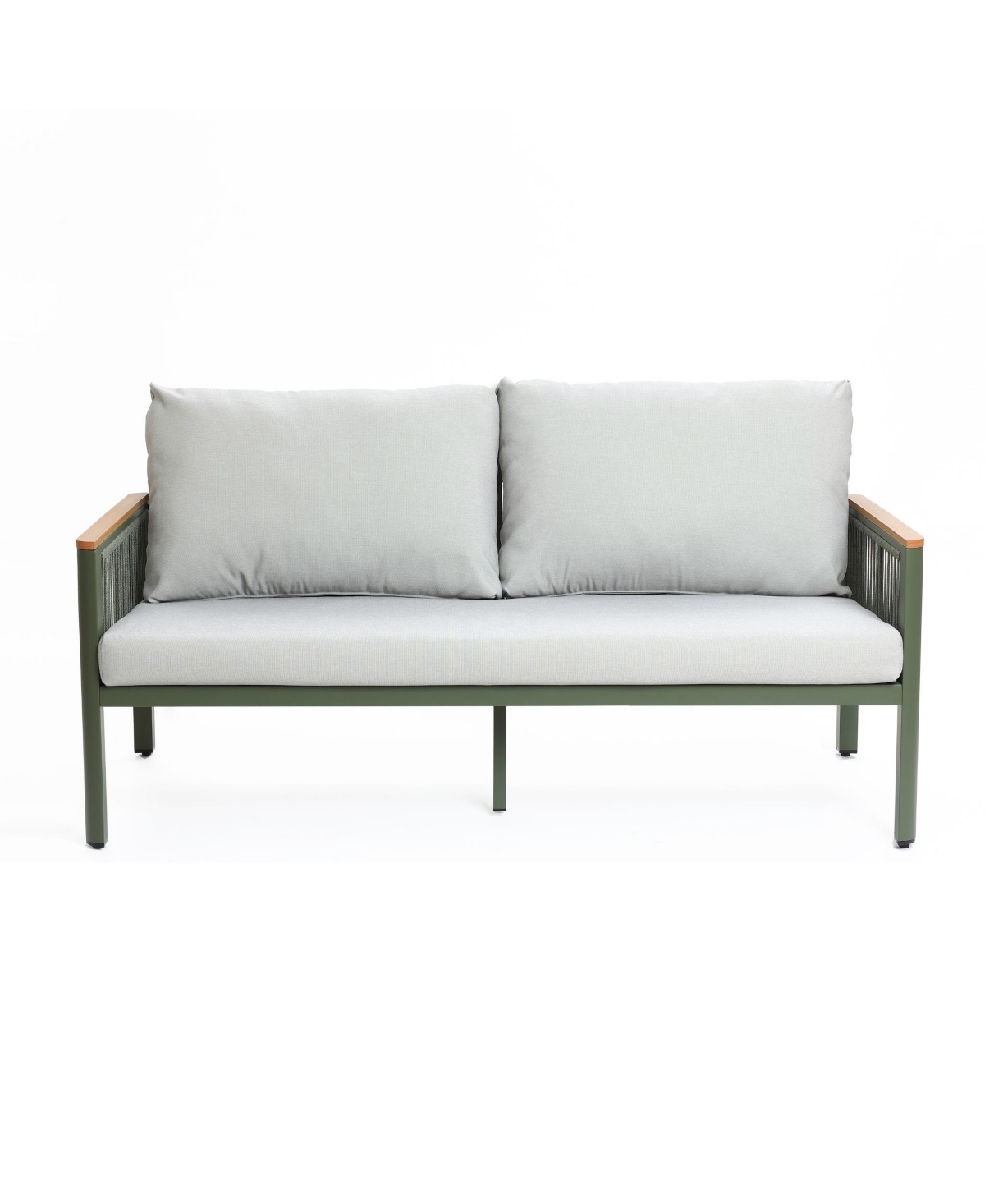 Luxenhome Outdoor Aluminum With Wood-style Plastic Loveseat Sofa With Cushions And Coffee Table Set In Green,brown
