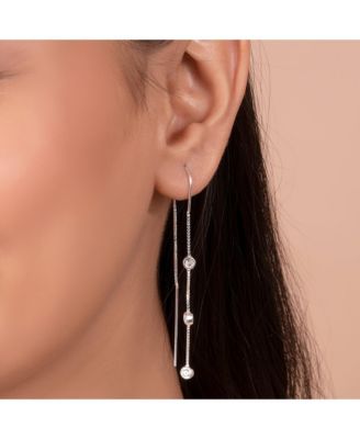Classic Minimalist Dangle Chandelier Earrings with CZ in Sterling Silver Linear Design