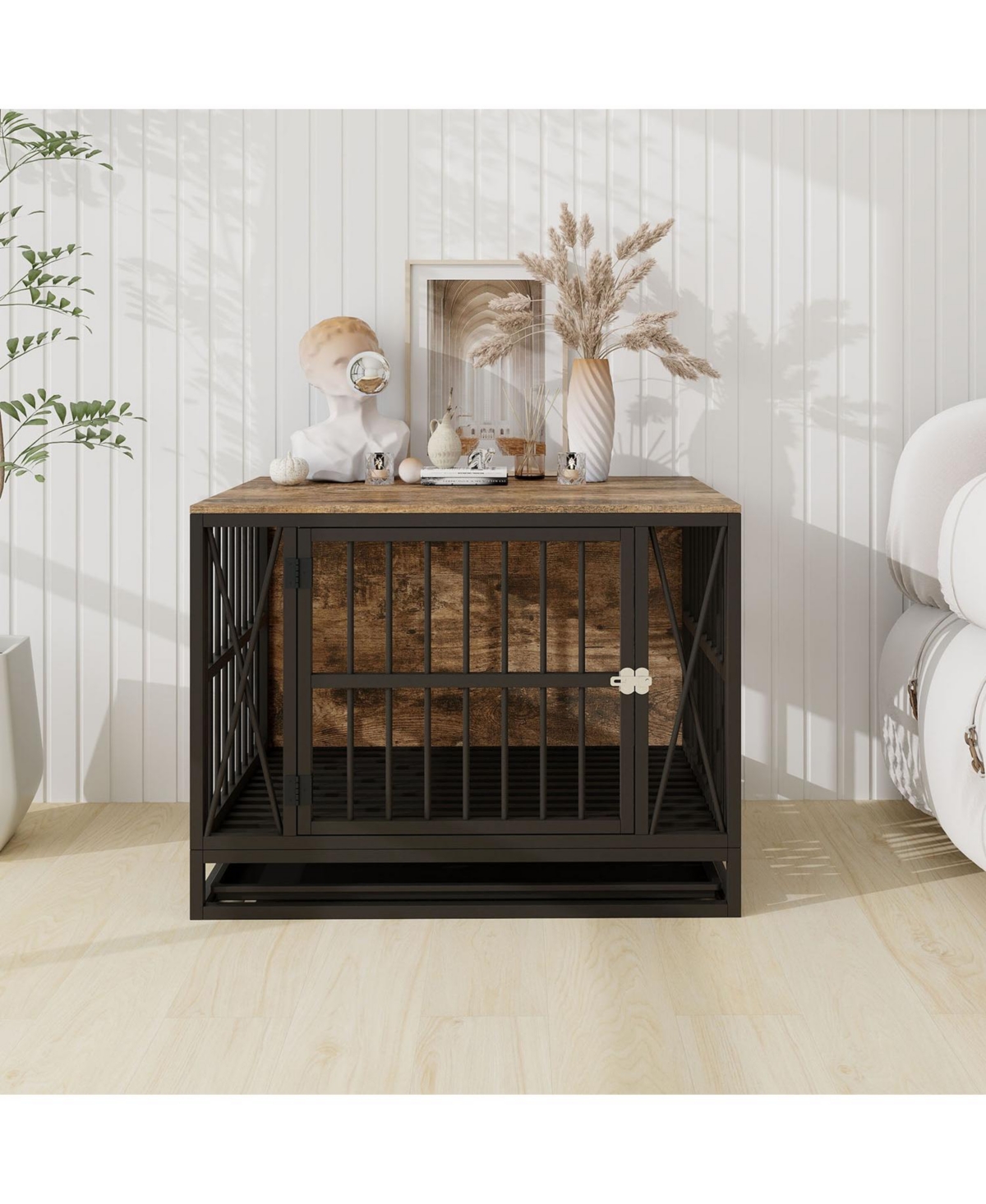 32.67 Inches Dog Kennel for Dogs up to 70 lb, with Removable Tray, Rustic Brown - Brown wood top and black frame
