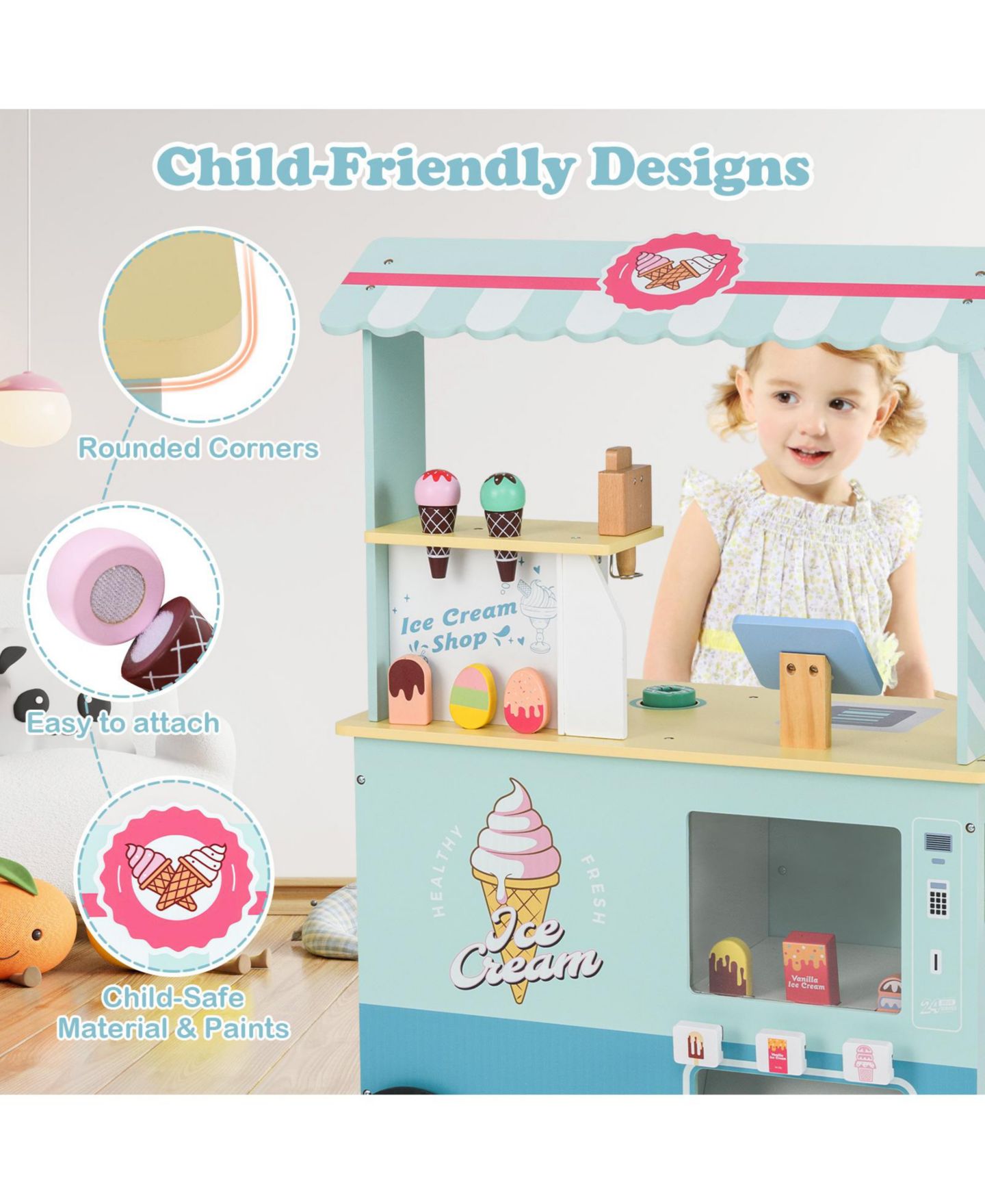 Детский игровой набор Slickblue Kids Ice Cream Truck Pretend Play Set with Vending Machine for Toddlers, цвет: Зелёный — фото 8