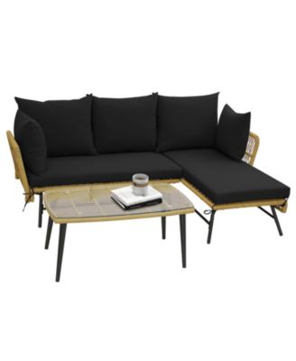 3 Pieces L-Shaped Patio Sofa with Cushions and Tempered Glass Table