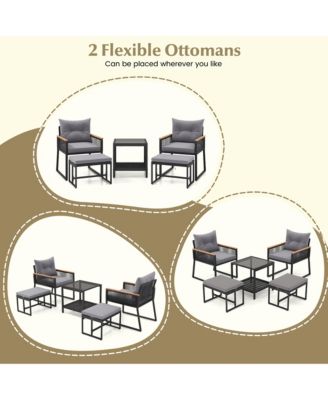 5 Piece Patio Conversation Set PE Rattan Wicker Chairs w/ 2 Ottomans Soft Cushions