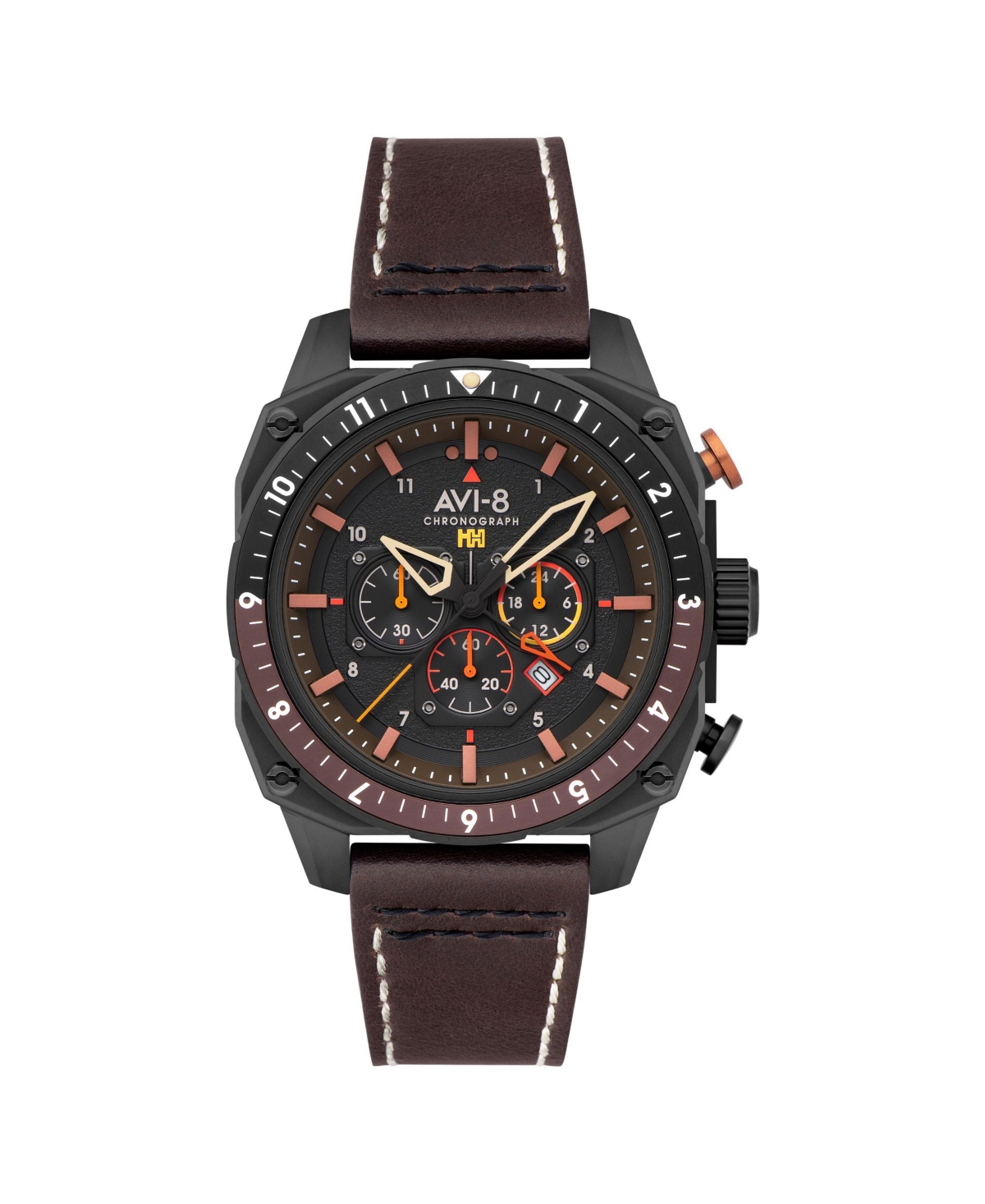 Men's Hawker Hunter Atlas Dual-Time Chronograph Brown Leather Strap Watch, 44mm - Black
