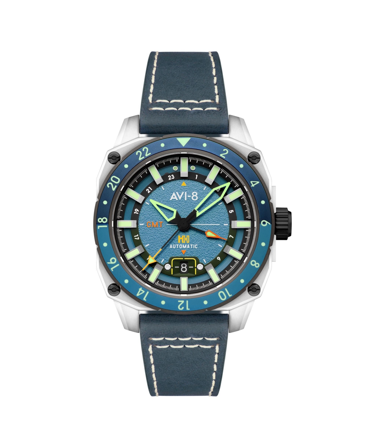 Men's Hawker Hunter Atlas Gmt Automatic Blue Leather Strap Watch, 44mm - Blue