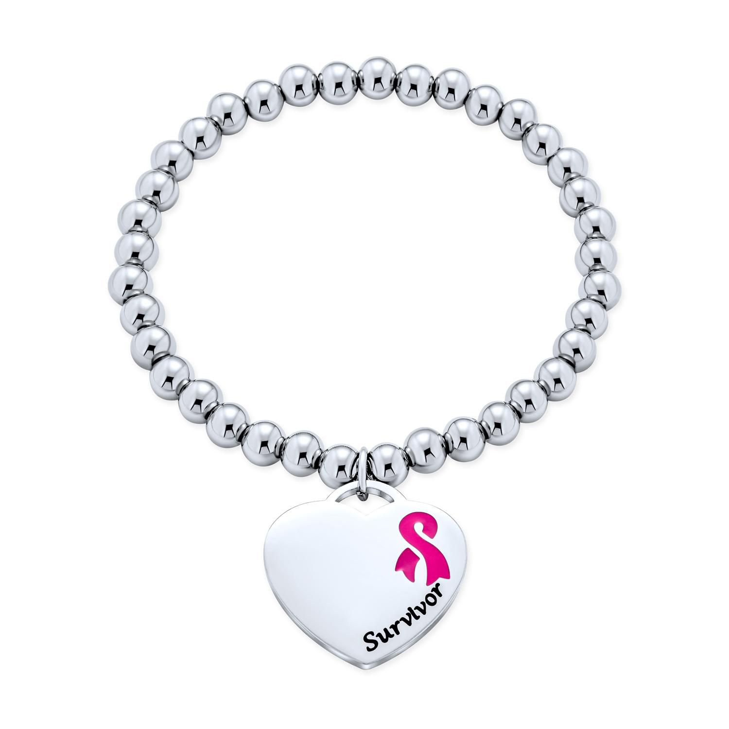Breast Cancer Survivor Pink Ribbon Stretch Bead Bracelet with Message Poem