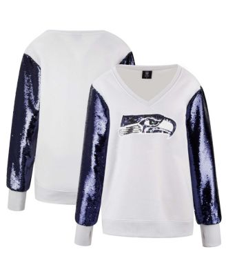 Cuce - Women's White, Navy Seattle Seahawks Sequin Sleeve V-Neck Pullover Sweatshirt