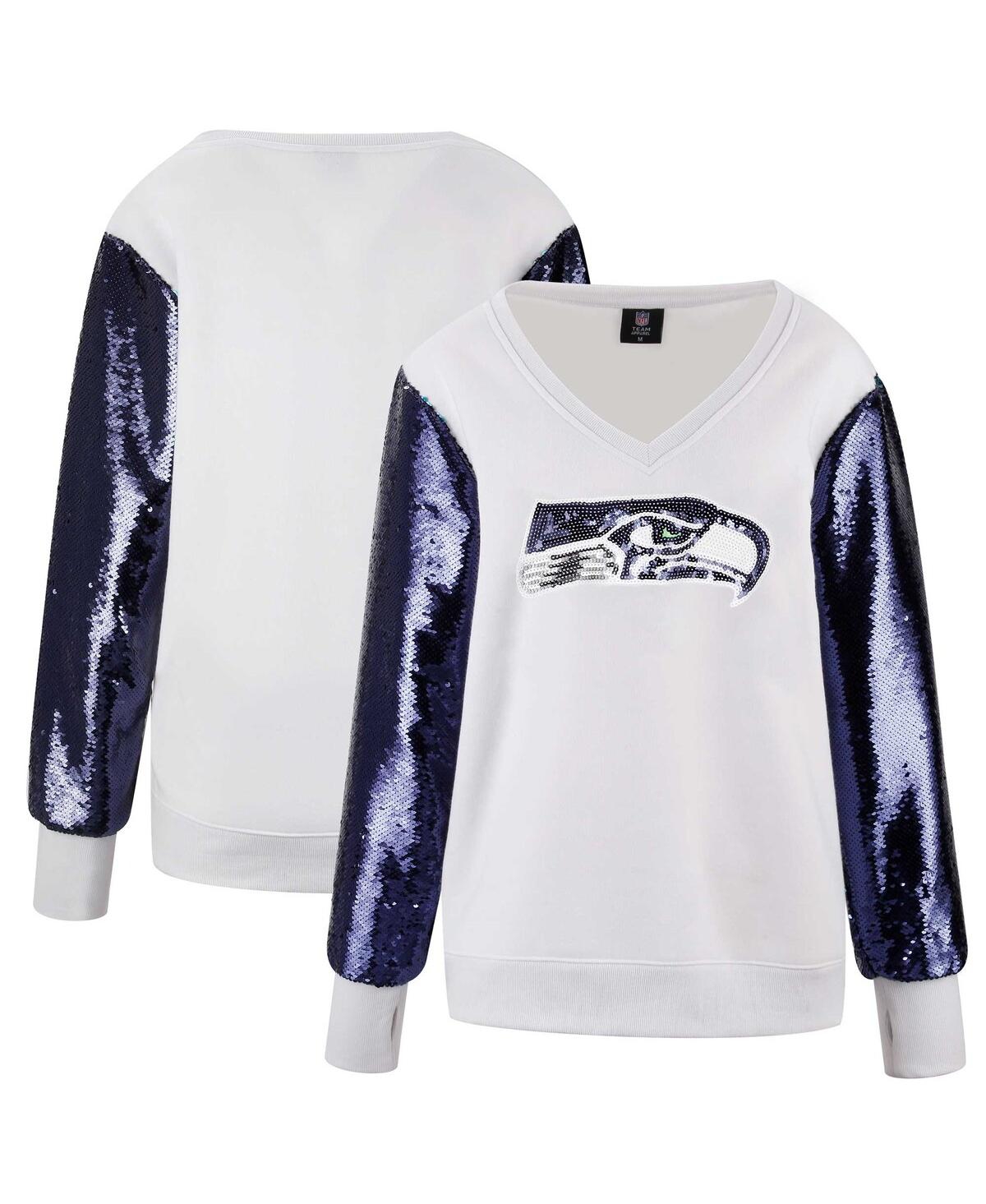 Women's White/Navy Seattle Seahawks Sequin Sleeve V-Neck Pullover Sweatshirt - White, Navy