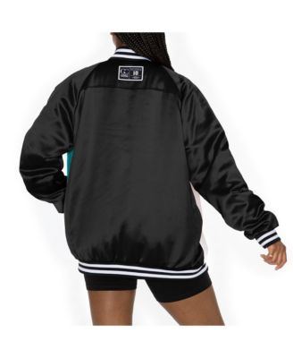 Women's Black/Aqua Miami Dolphins Oversized Hot Shot Rhinestone Throwback Full-Snap Varsity Bomber Jacket