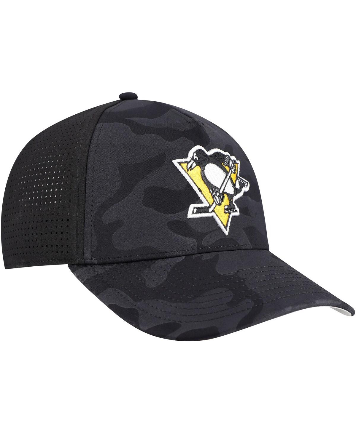 AMERICAN NEEDLE MEN'S BLACK PITTSBURGH PENGUINS VALIN CAMO SUPER TECH VENTED ADJUSTABLE HAT 