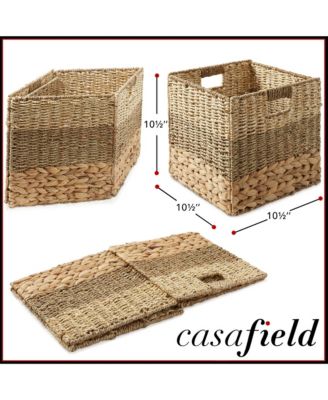 10.5" x 10.5" Mixed Weave Storage Baskets, Natural - Set of 6 Collapsible Cubes, Woven Bin Organizers for Bathroom, Bedroom, Laundry