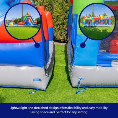 HeroKiddo 42' Block Party Inflatable Obstacle Course Water Slide Combo with Air Blower, Commercial Grade, 100% PVC Vinyl, Kids Outdoor Play, Summer Fun,