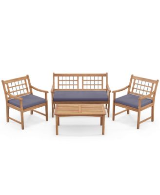 4 PCS Wood Patio Furniture Set with Soft Seat Cushions Solid Acacia Wood Frame