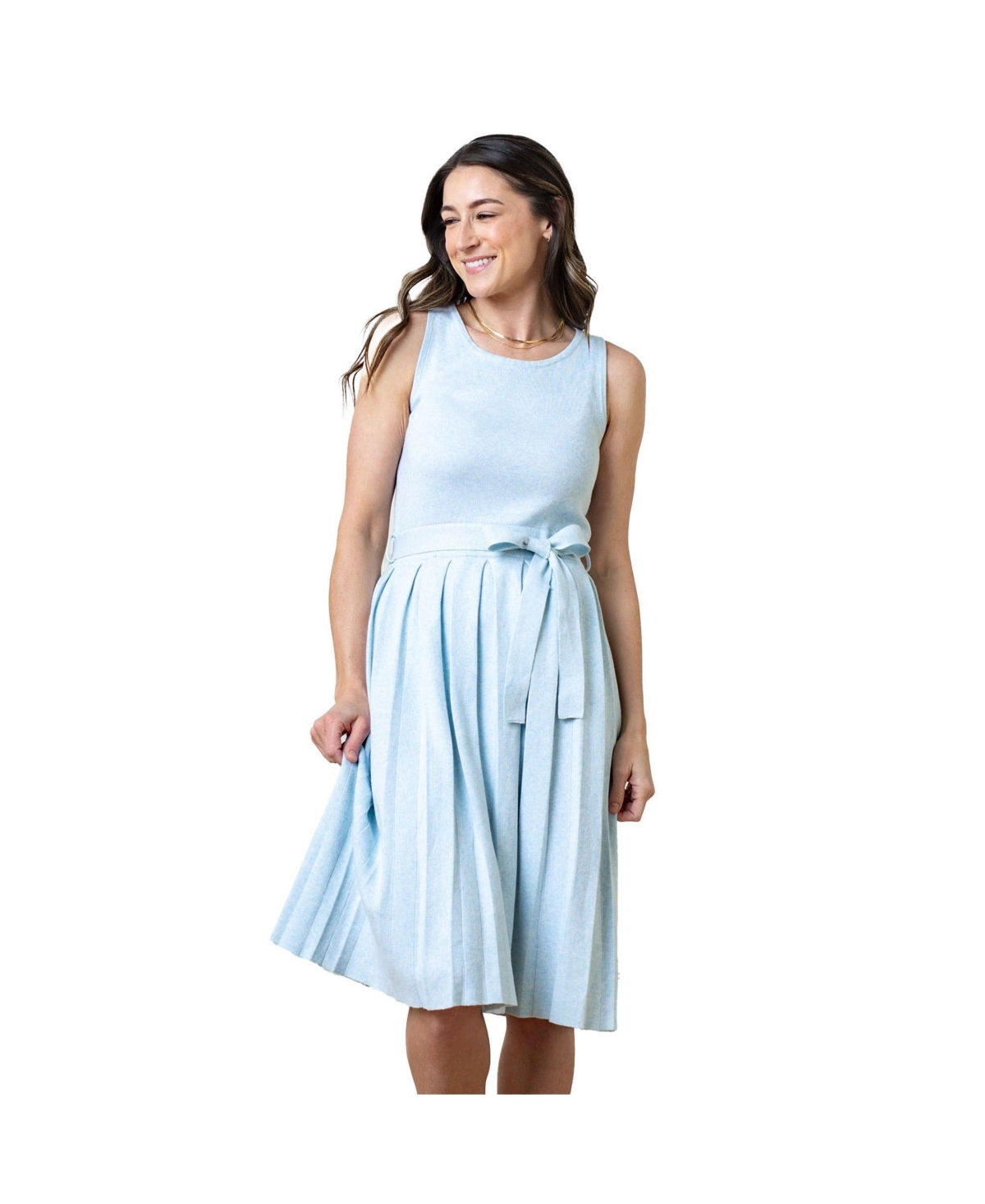 Women's Organic Sleeveless Pleated Sweater Knit Midi Dress - Light blue heather