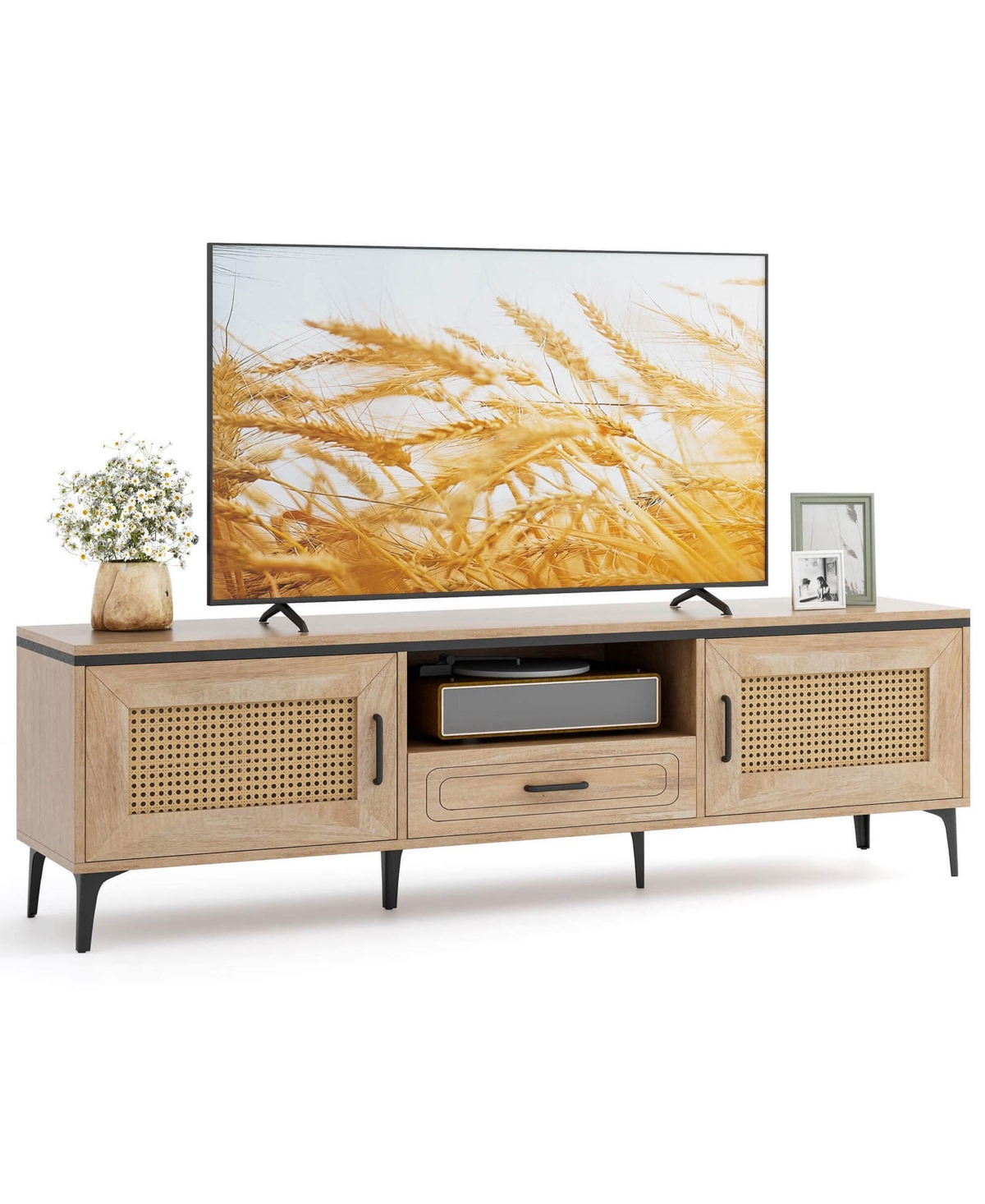 Boho Tv Stand for 65 Inch TVs Modern Entertainment Center with Drawer 2 Storage