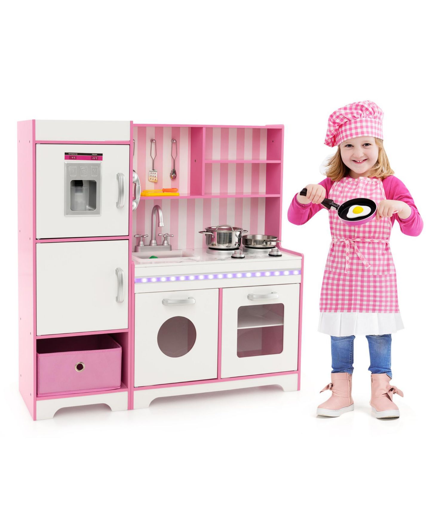 Детский игровой набор Slickblue Adjustable LED Lights & Washing Machine Kitchen Playset, Ages 3-7, цвет: Белый / Розовый — фото 1