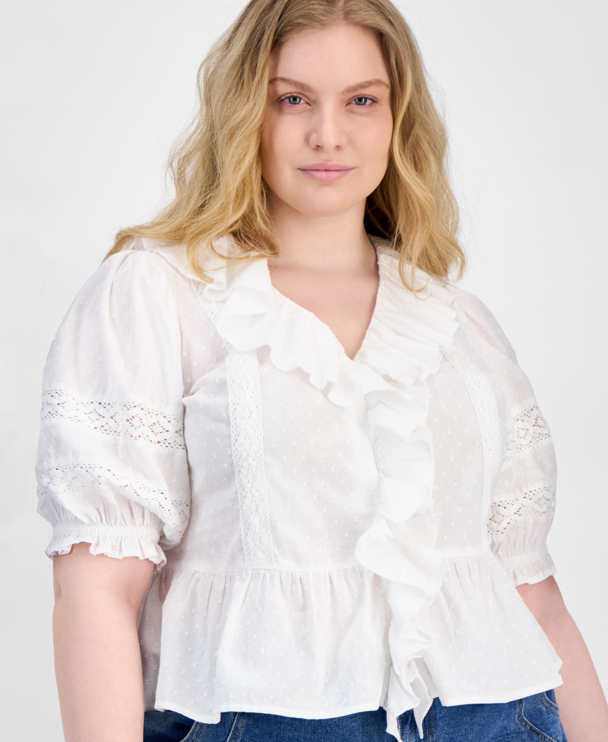 AND NOW THIS TRENDY PLUS SIZE COTTON RUFFLED SWISS-DOT BLOUSE, EXCLUSIVELY AT MACY'S 