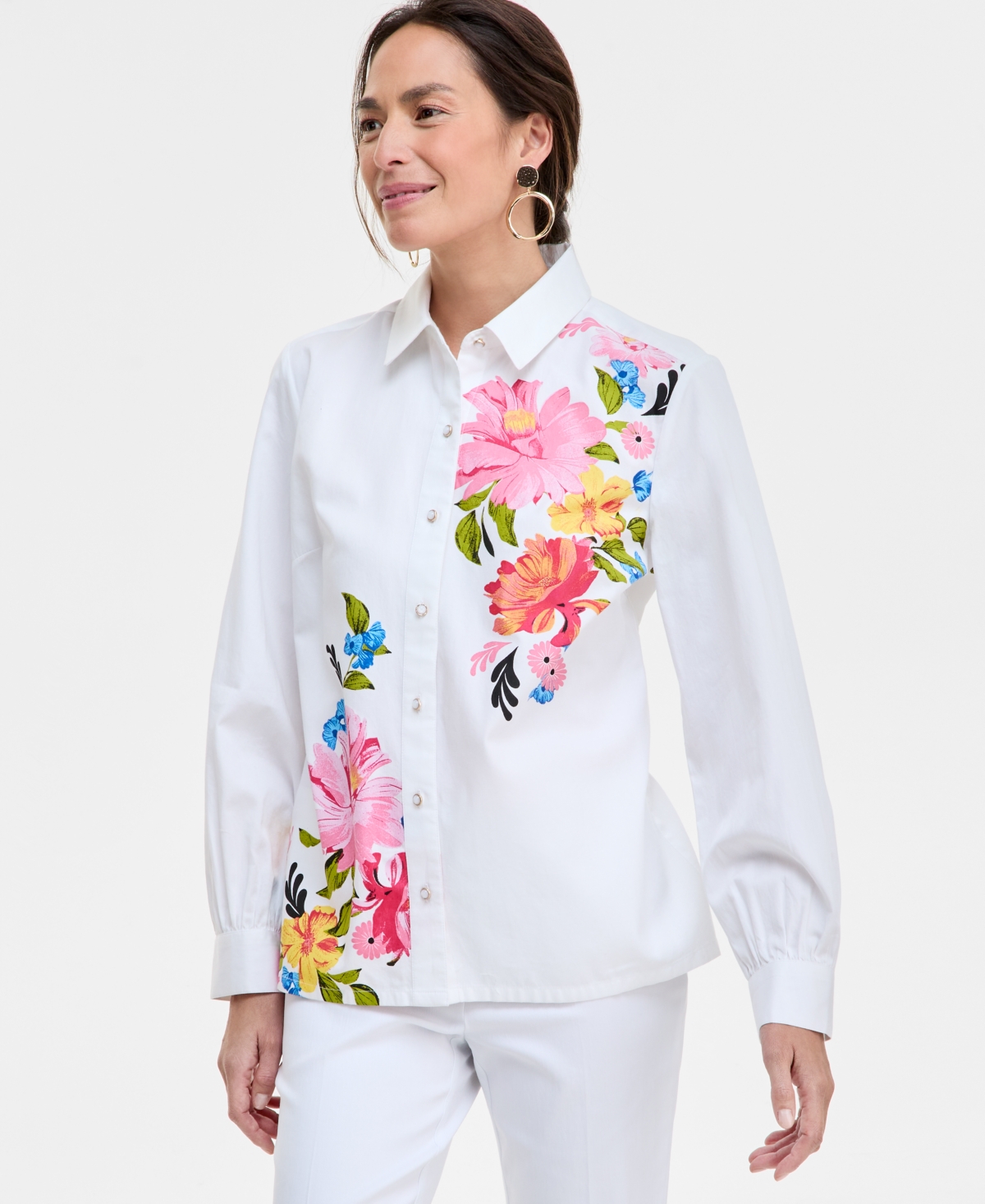 Shop Jm Collection Women's Printed Cotton-poplin Blouse, Exclusively At Macy's In Bright White Combo