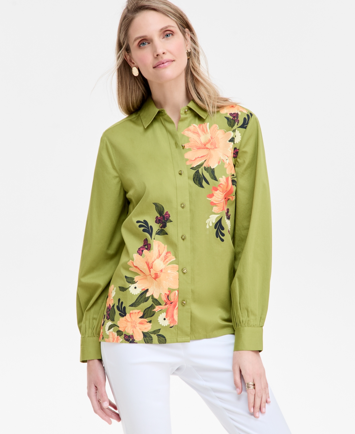 Jm Collection Women's Printed Cotton-poplin Blouse, Exclusively At Macy's In Palm Frond Combo