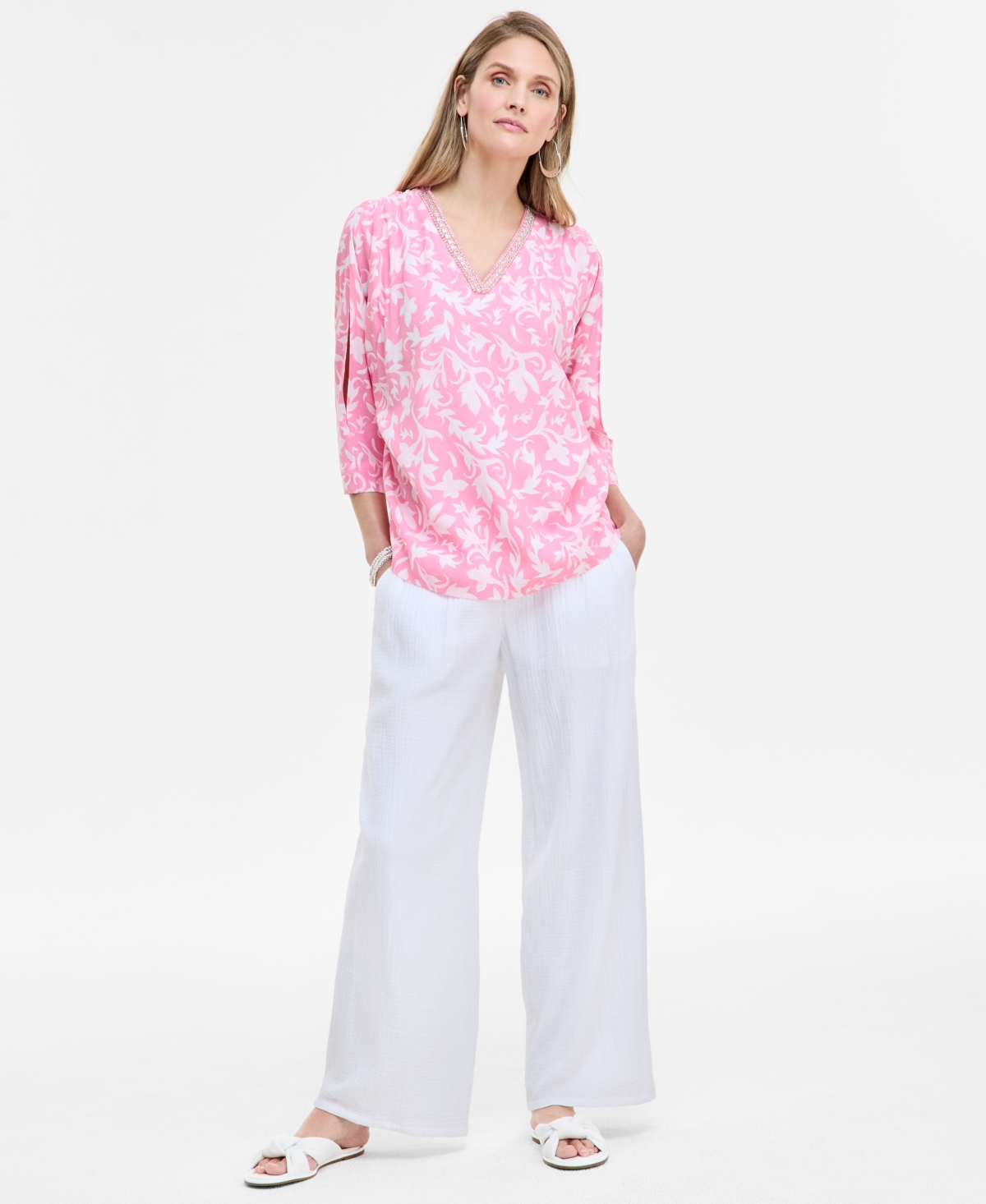 Shop Jm Collection Women's Printed Embellished Top, Exclusively At Macy's In Pink Petunia