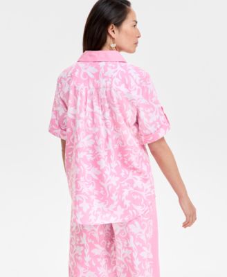 売れ筋商品|||ジェイエムコレクション カットソー トップス レディース Women's Linen Blend Printed Short-Sleeve Button-Up Shirt, Exclusively at Macy's Bright White JM Collection Women's Linen Blend Printed Short-Sleeve