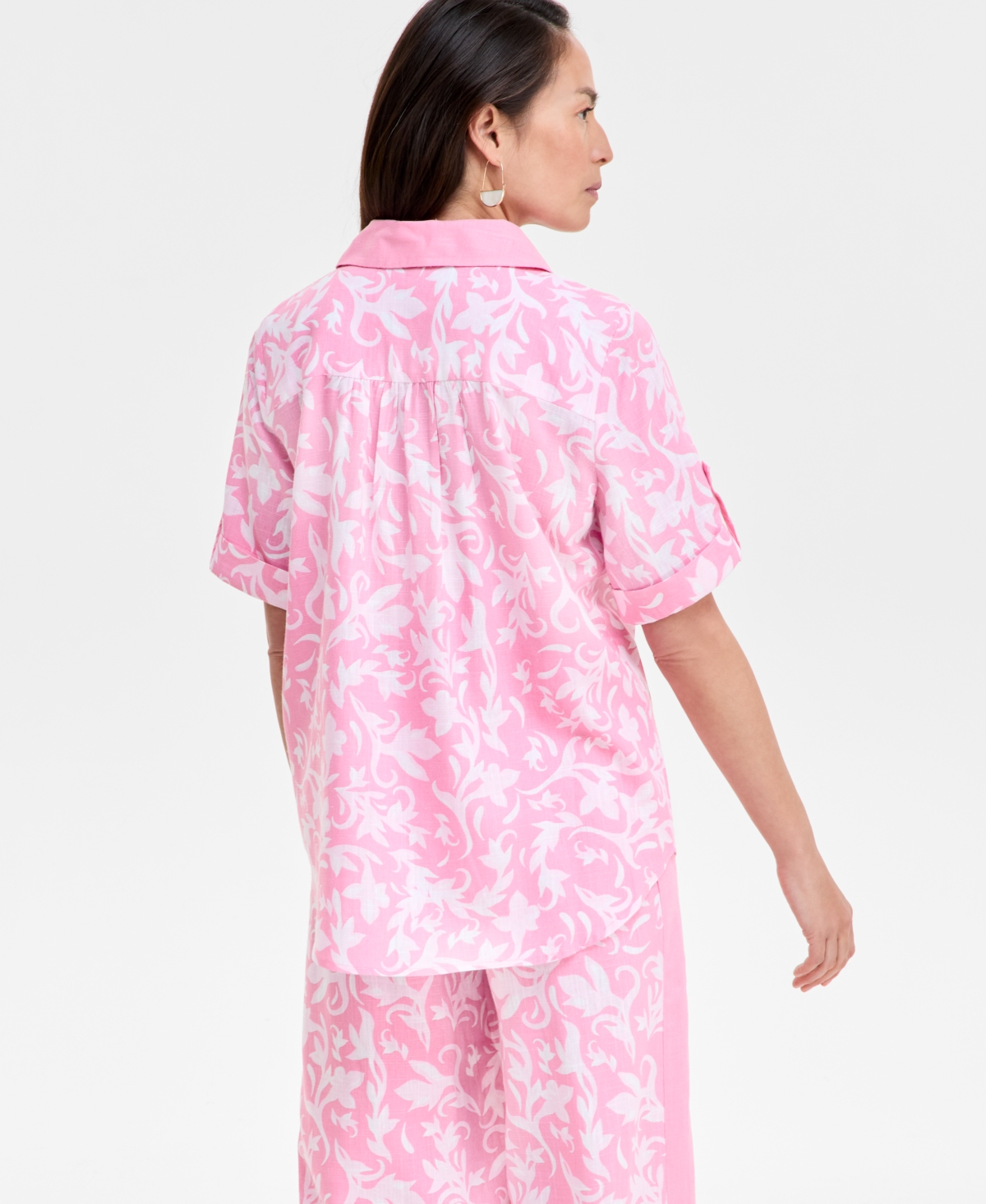 JM COLLECTION WOMEN'S LINEN BLEND PRINTED SHORT-SLEEVE BUTTON-UP SHIRT, EXCLUSIVELY AT MACY'S 