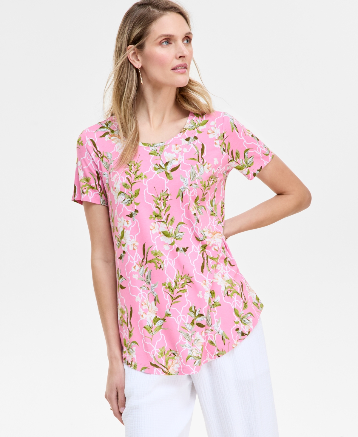 Petite Lush Garden Print Short-Sleeve T-Shirt, Exclusively at Macy's - Pink Petunia