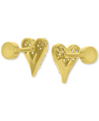Cubic Zirconia Pav&eacute; Heart Stud Earrings in 14k Gold-Plated Sterling Silver