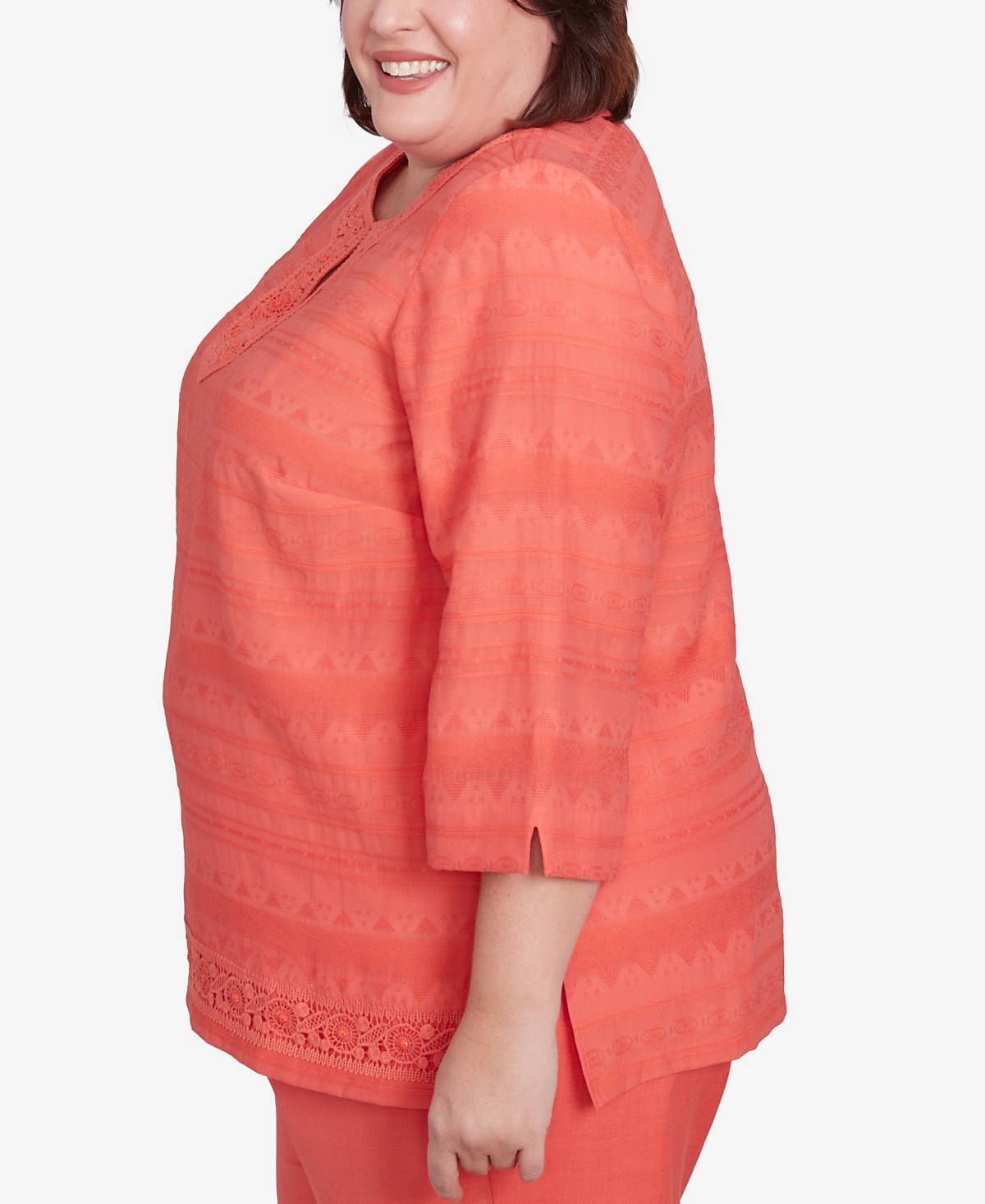 Alfred Dunner Plus Size Catalina Island Solid Textured Lace Trim Round Neck Top In Tangerine