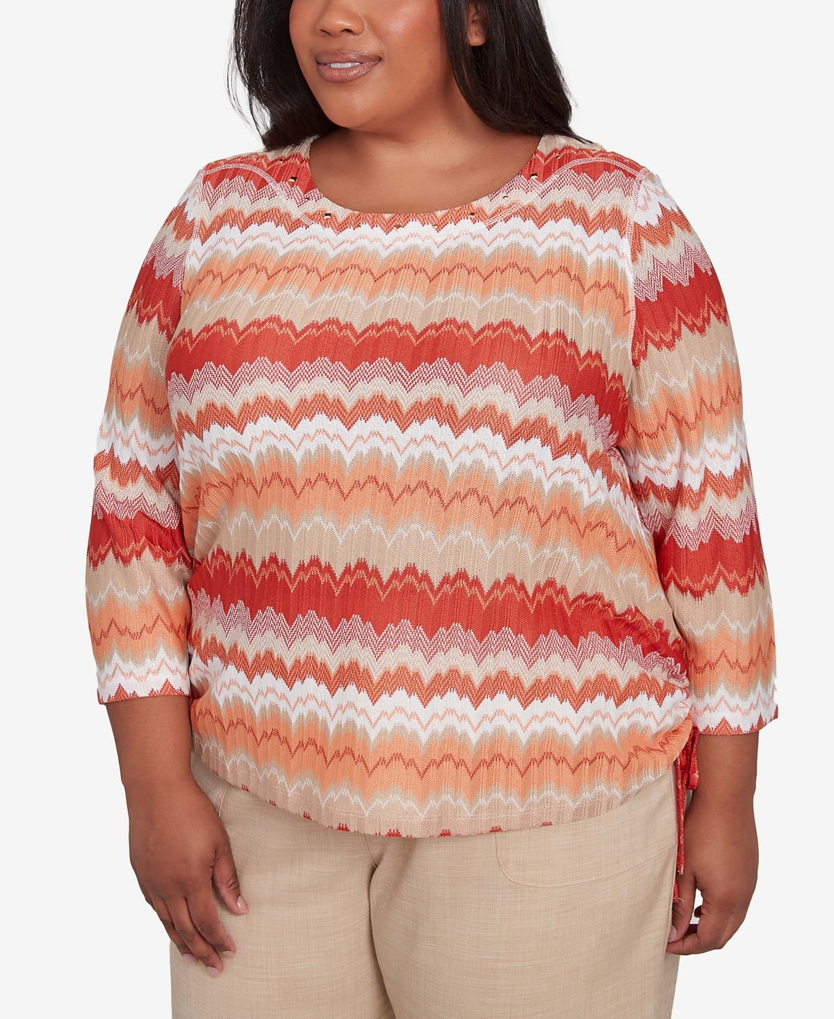Alfred Dunner Plus Size Catalina Island Modern Chevron Drawstring Crew Neck Top In Tangerine Multi