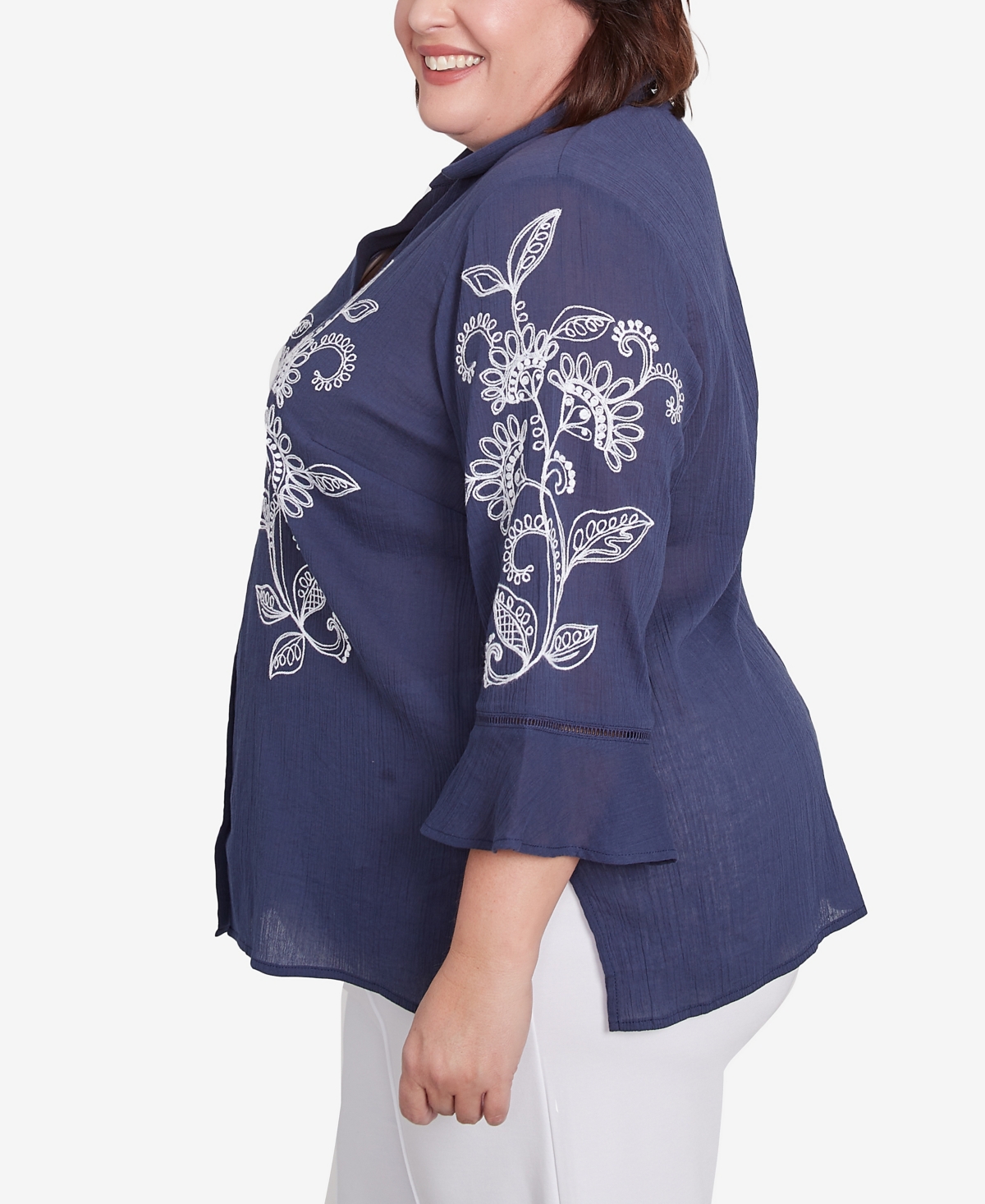 Alfred Dunner Plus Size Nantucket Embroidered Marine Button Front Top In Marine Blue