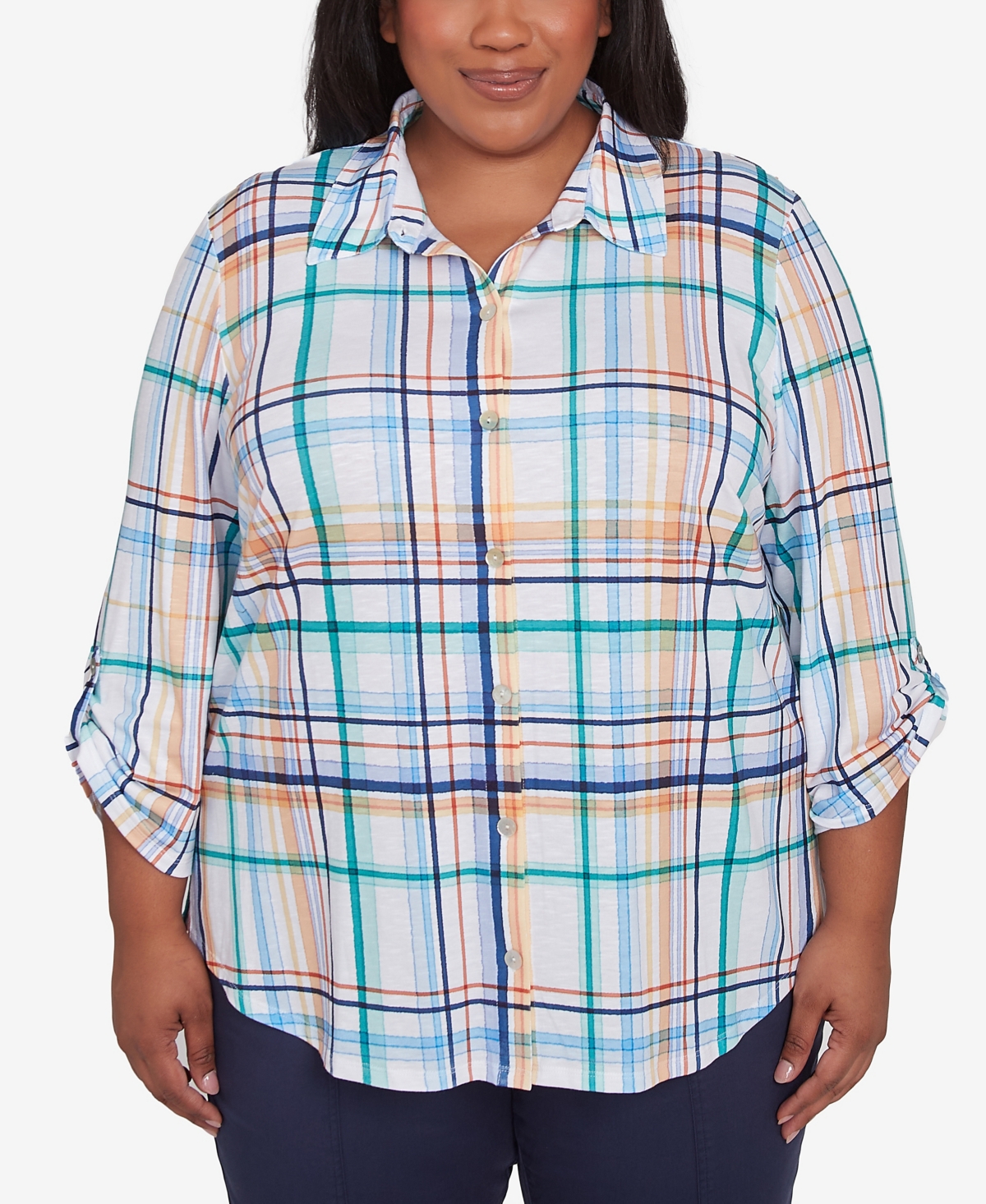 Alfred Dunner Plus Size Nantucket Plaid Knit Button Front Collared Top In Marine Multi